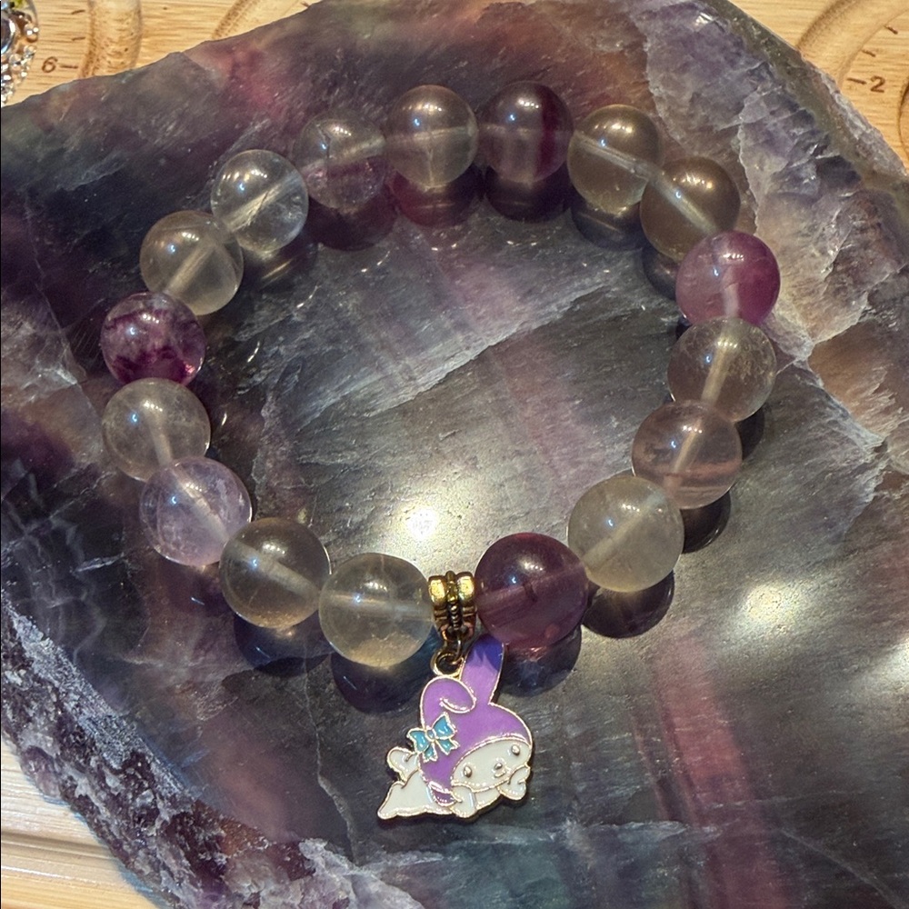 Candy Fluorite with Purple and Gold Charm stretch Bracelet 6.75in